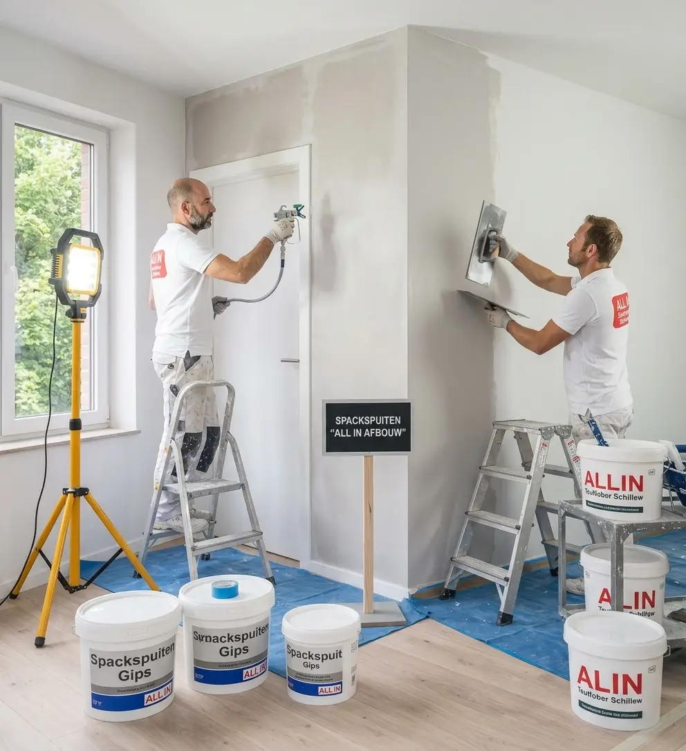 Hoogwaardig latex spuiten op wanden en plafonds voor een strakke en egale afwerking.